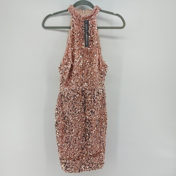 LOVE & LEMONADE Zip Back Sequin Bodycon Halter Dress Size Small Pink - Picture 5 of 11